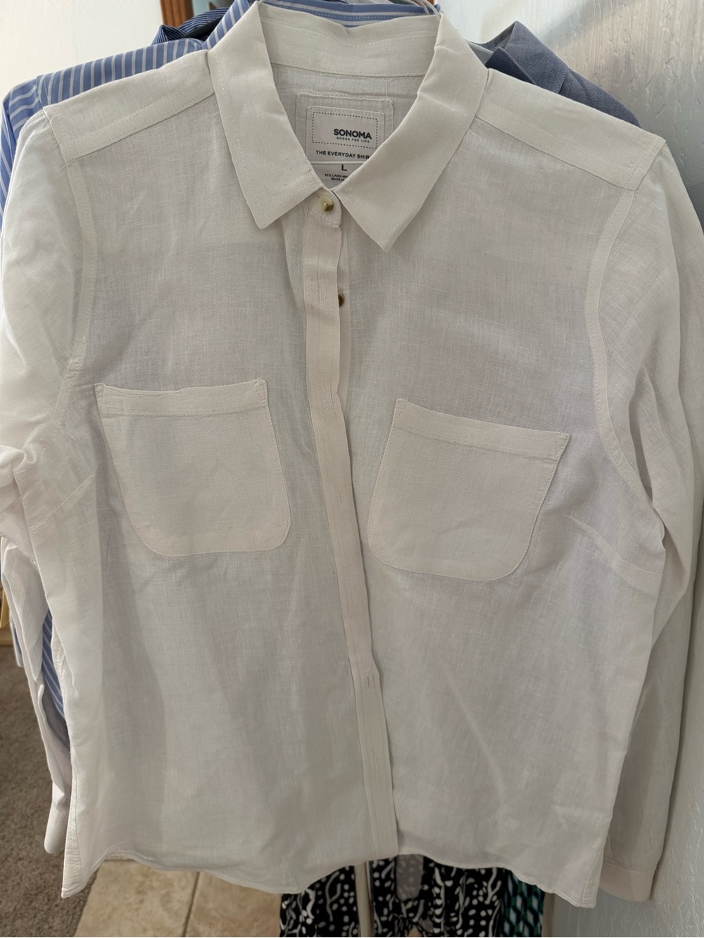 Sonoma White Linen-Blend Casual Button-Down Shirt
